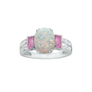 Created Opal, Created Pink Sapphire and Diamond Accent Silver Ring