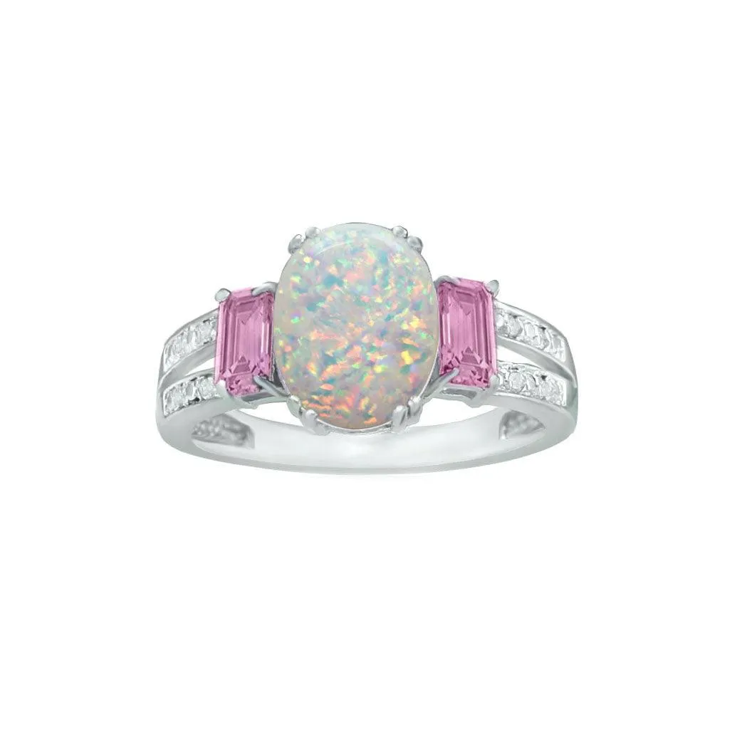 Created Opal, Created Pink Sapphire and Diamond Accent Silver Ring