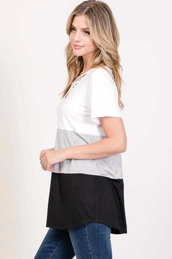 Criss-Cross Color Block Tee in Black, Grey & White