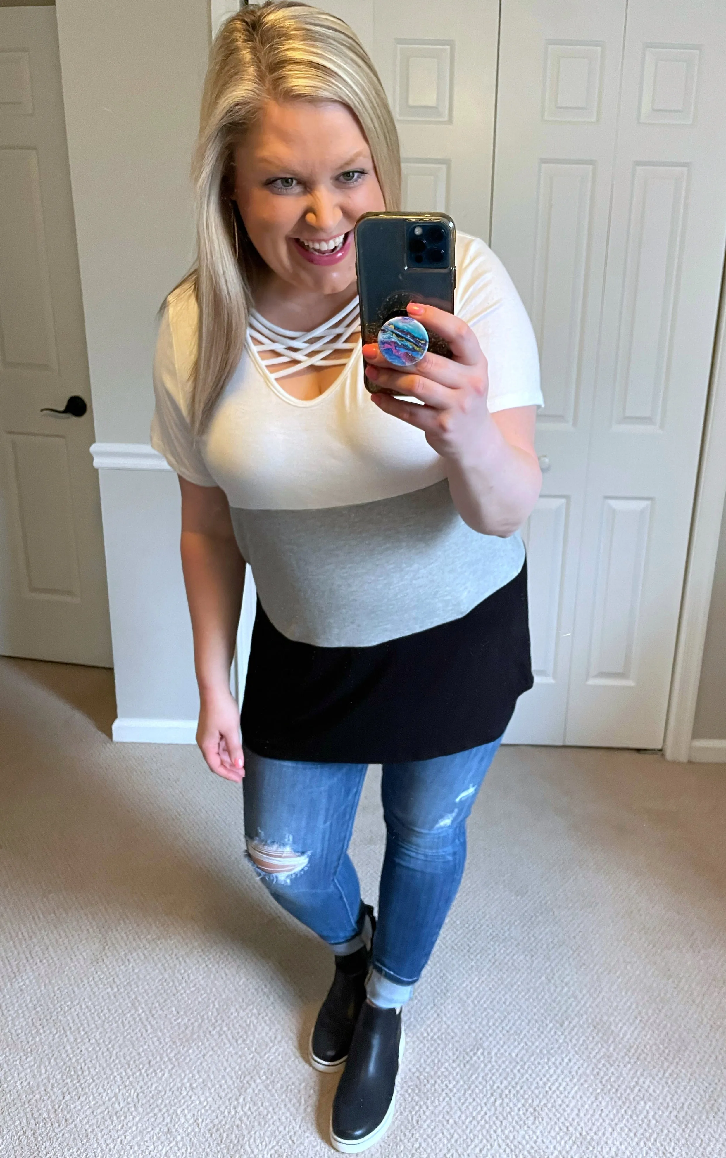 Criss-Cross Color Block Tee in Black, Grey & White