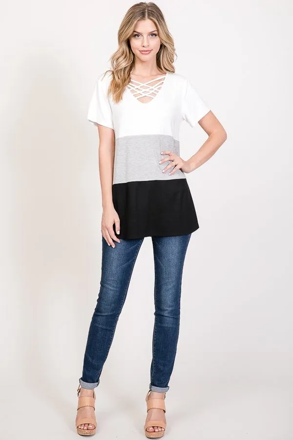 Criss-Cross Color Block Tee in Black, Grey & White