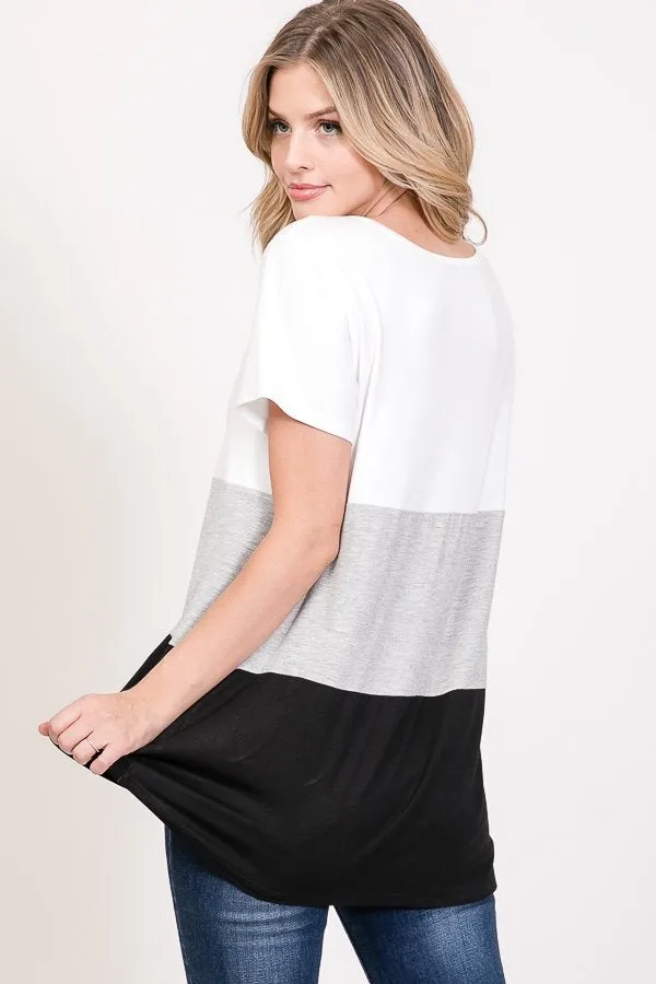 Criss-Cross Color Block Tee in Black, Grey & White