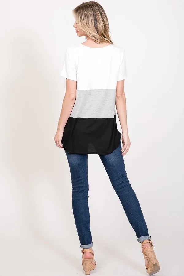 Criss-Cross Color Block Tee in Black, Grey & White