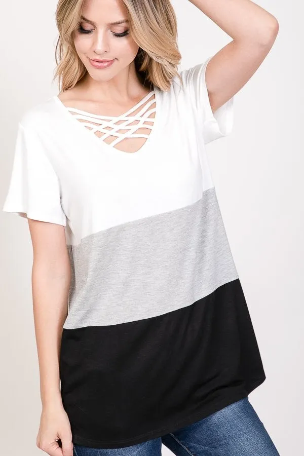 Criss-Cross Color Block Tee in Black, Grey & White