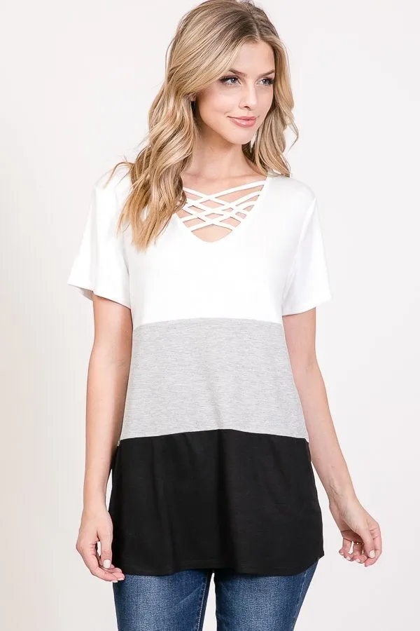 Criss-Cross Color Block Tee in Black, Grey & White
