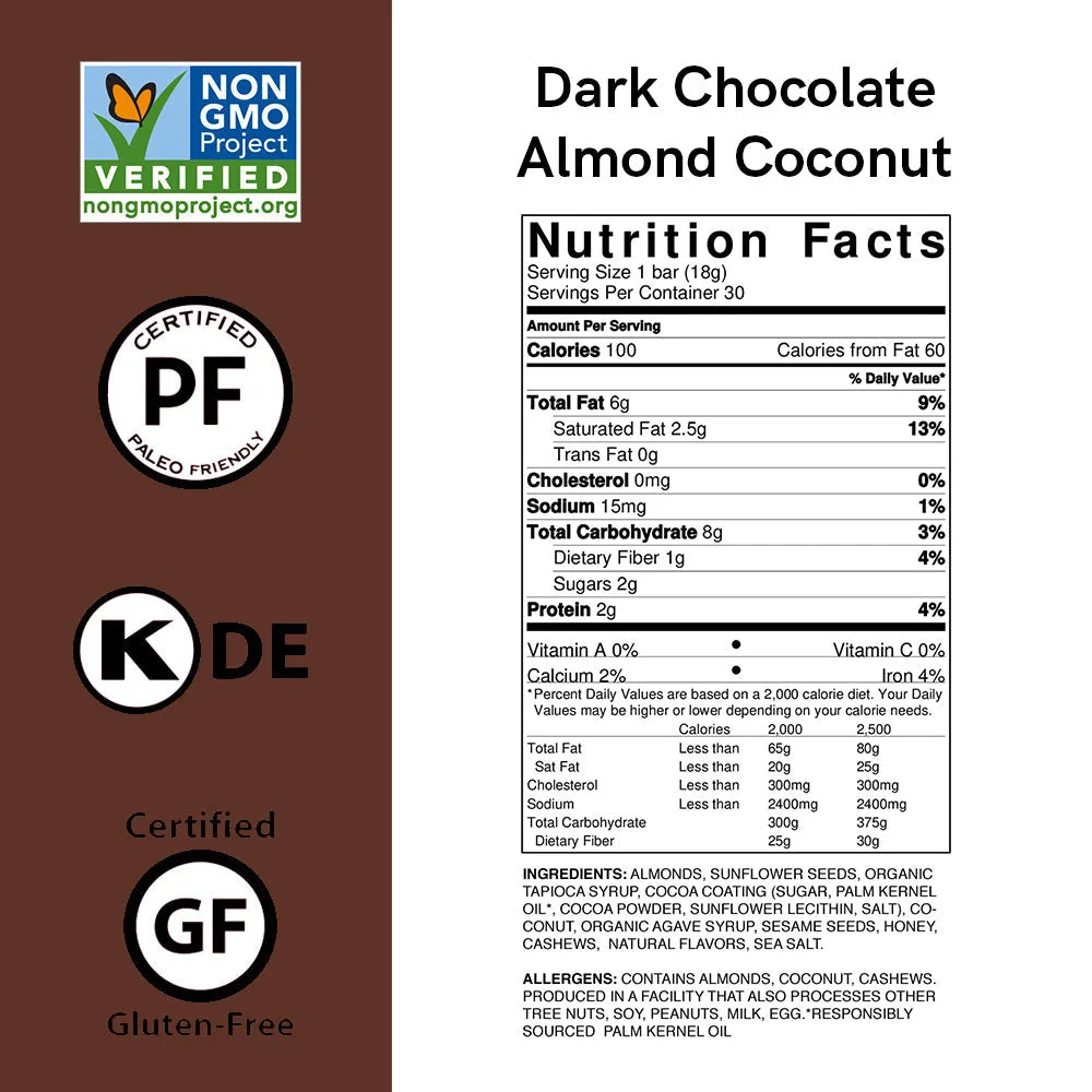 Dark Chocolate Nutrition Bar Minis Combo 30-Pack: Almond Coconut   Caramel Cashew