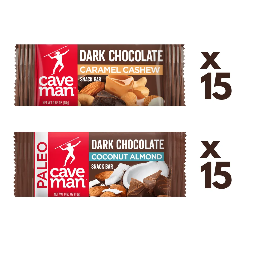 Dark Chocolate Nutrition Bar Minis Combo 30-Pack: Almond Coconut   Caramel Cashew
