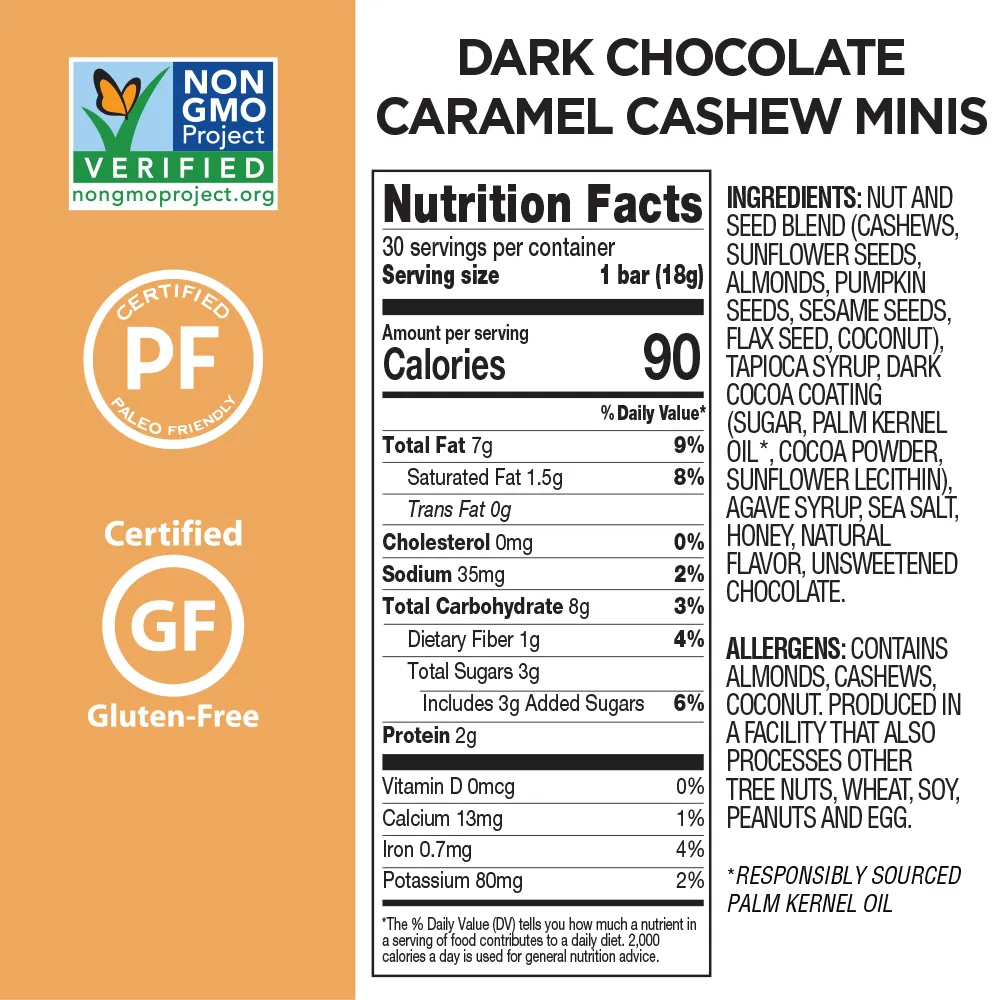 Dark Chocolate Nutrition Bar Minis Combo 30-Pack: Almond Coconut   Caramel Cashew