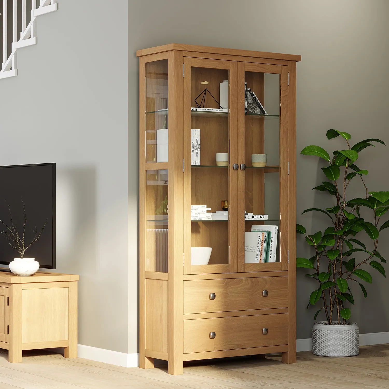 Dorchester Light Oak Display Cabinet With Glass Doors & Sides   Light