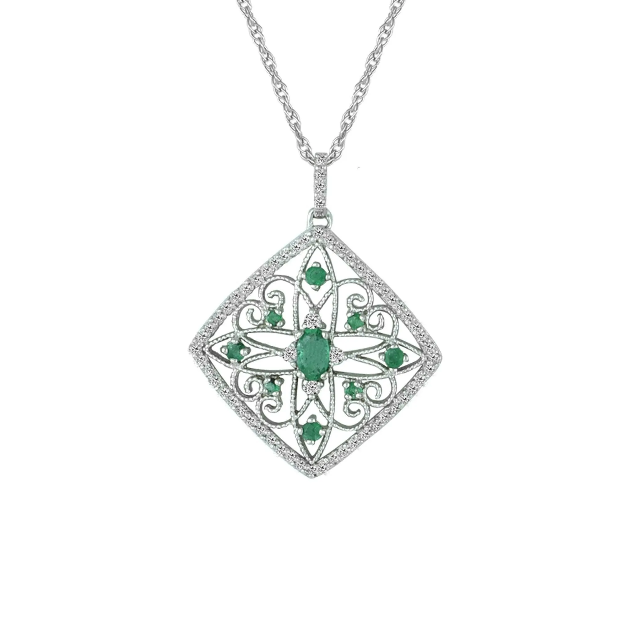 Emerald and Diamond Accent Medallion Pendant in 10K Gold