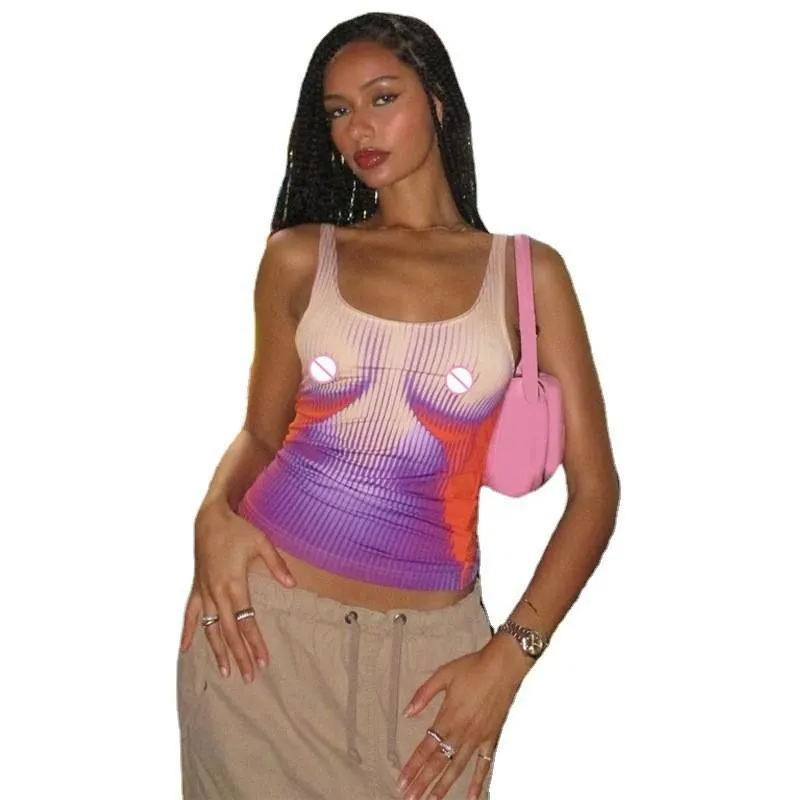 Fashion Printed Slim Fit U-Neck Navel Bare Vest