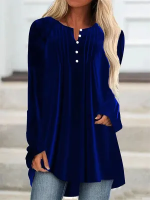 Female V-neck Button Decor Asymmetrical Hem Pleated Velvet T-shirt