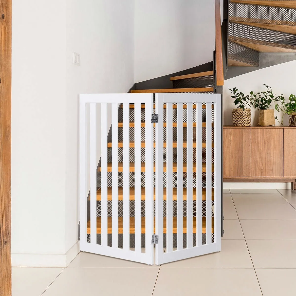 Folding 2-Panel Dog Gate Pet Fence Barrier in White Wood Finish
