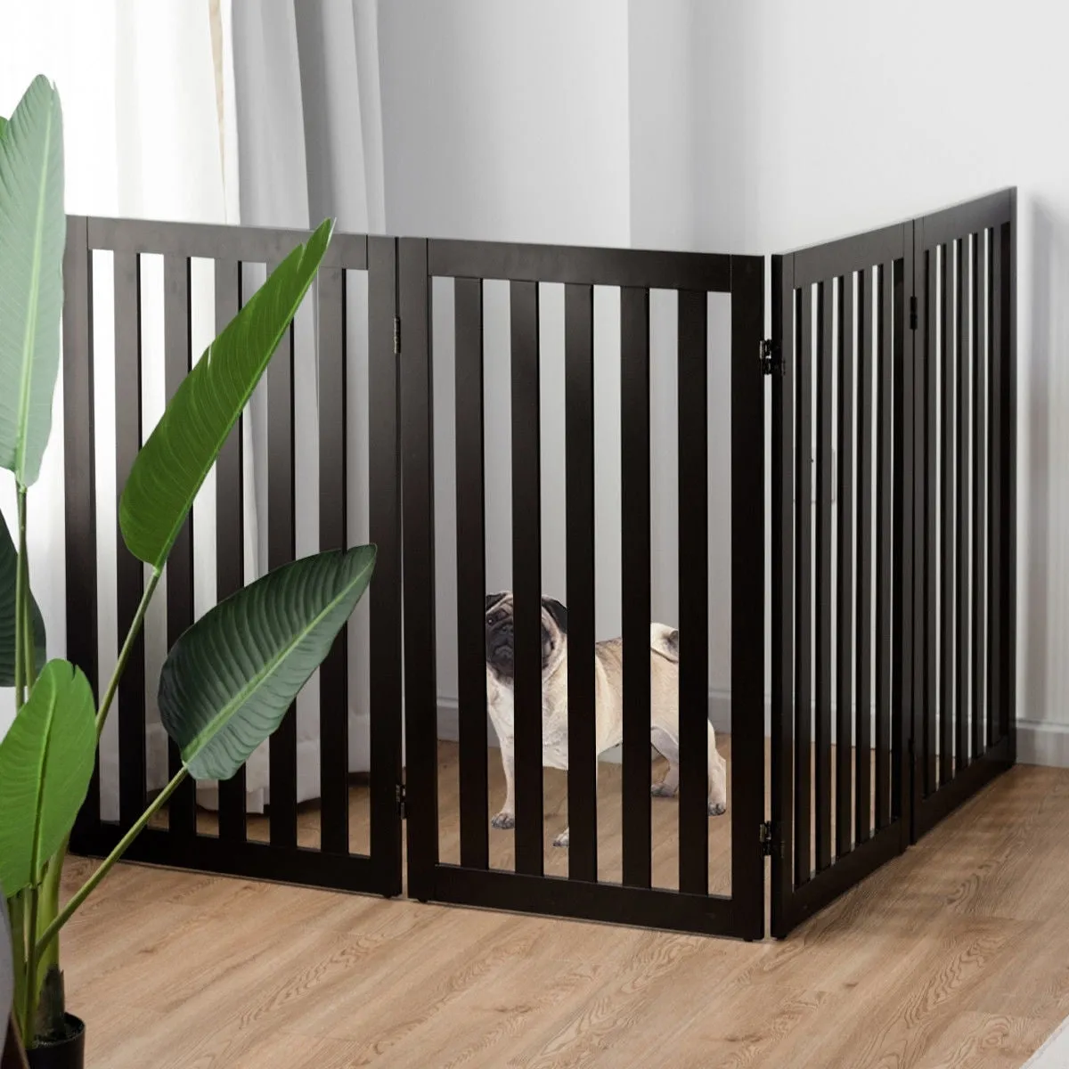 Folding 4-Panel Dog Gate Pet Fence in Brown Wood Finish