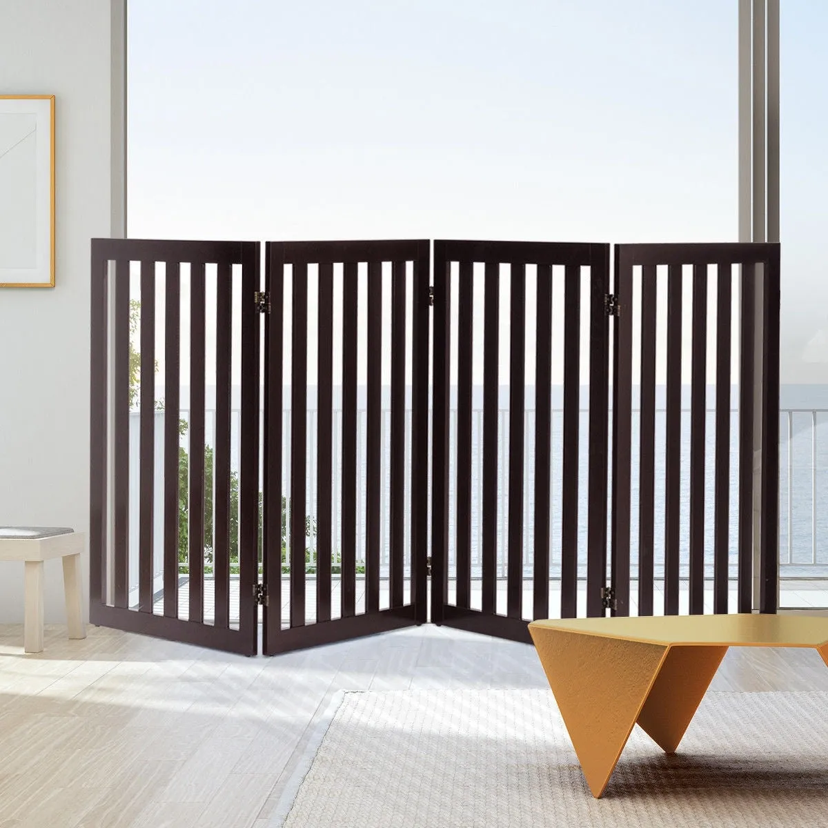 Folding 4-Panel Dog Gate Pet Fence in Brown Wood Finish