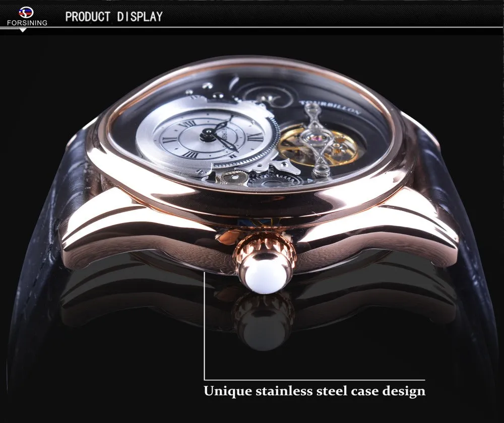 FORSINING Tourbillon style oval shape case with Genuine Leather strap