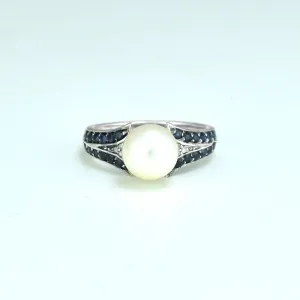 Freshwater Pearl, Sapphire and Diamond Ring in Sterling Silver