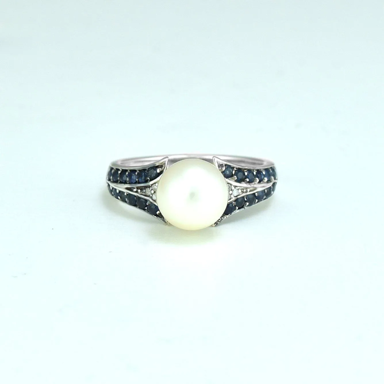 Freshwater Pearl, Sapphire and Diamond Ring in Sterling Silver