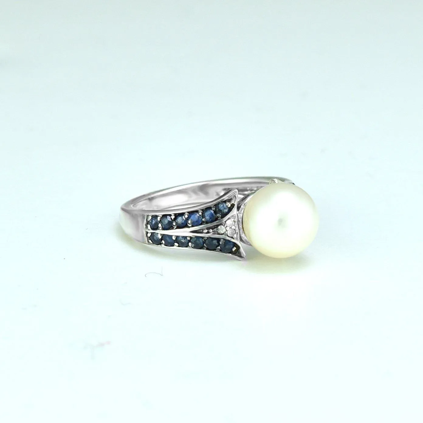 Freshwater Pearl, Sapphire and Diamond Ring in Sterling Silver