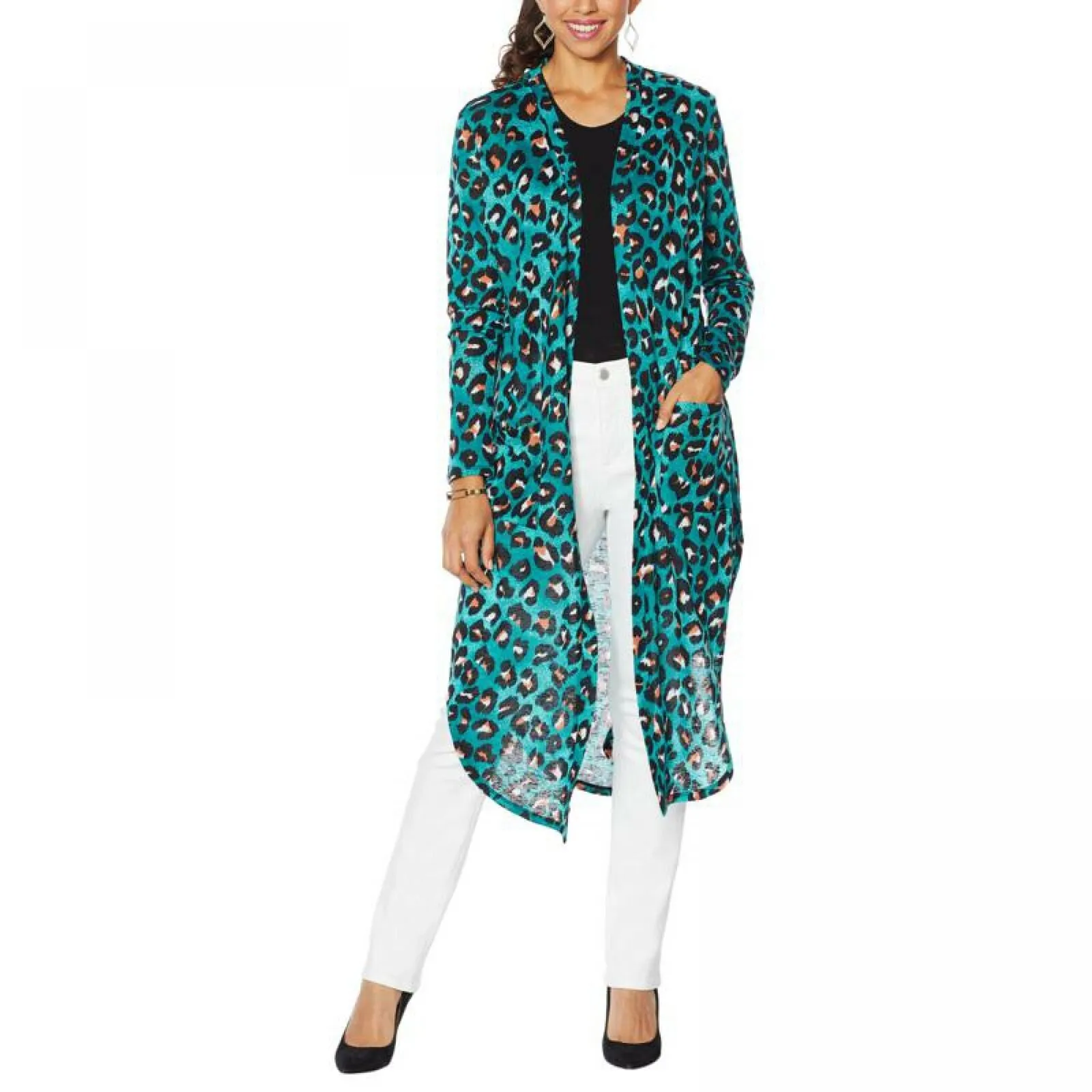 G by Giuliana Women's Printed Stretch Hacci Slub Knit Duster Cardigan