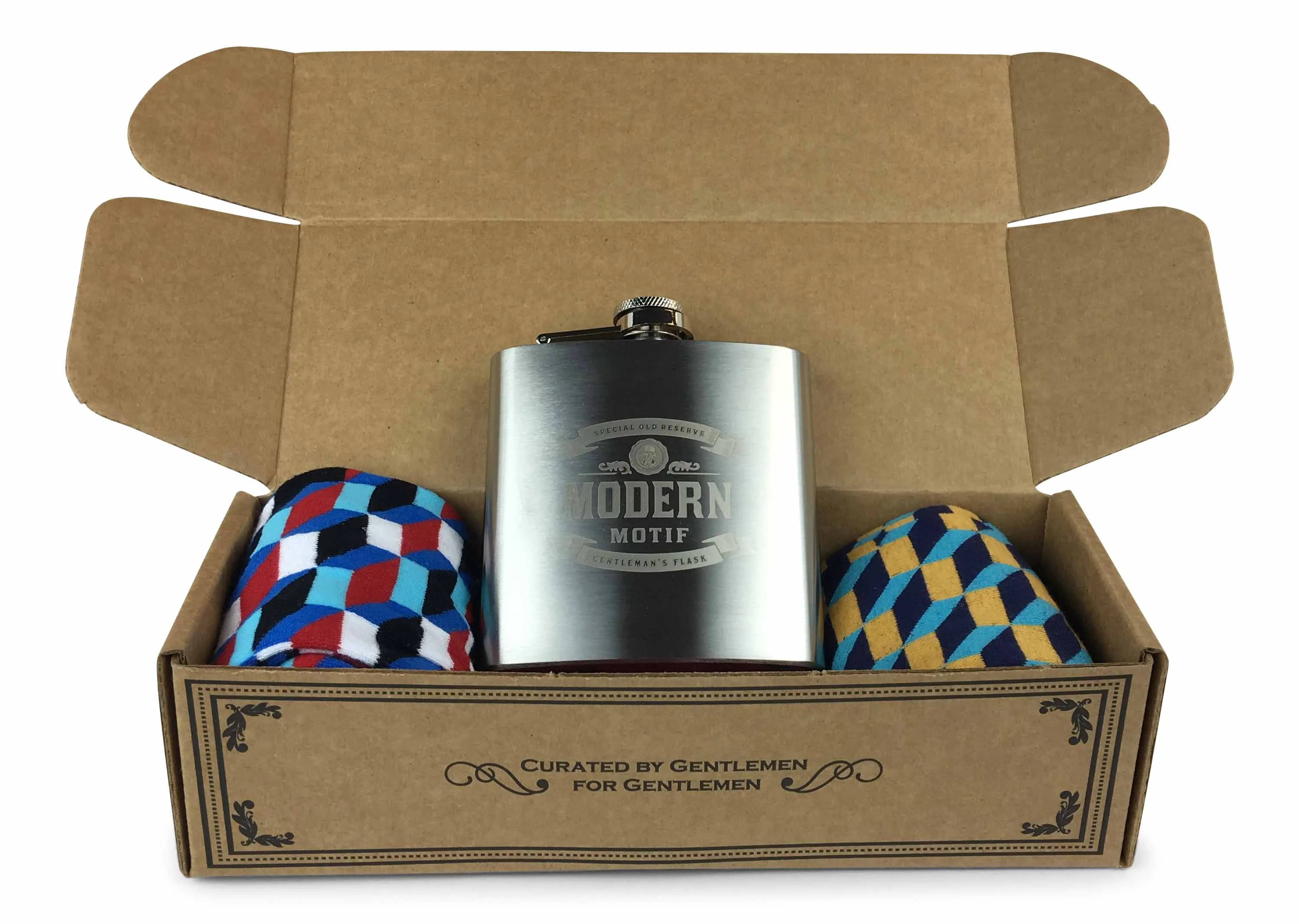 Geometric Set colorful Fun Power Socks 2 with 6oz Flask - Gift Box
