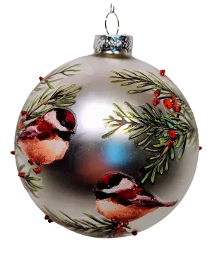 Glass Winter Bird Ornament wit 2 Red Cardinals or 2 Chickadees