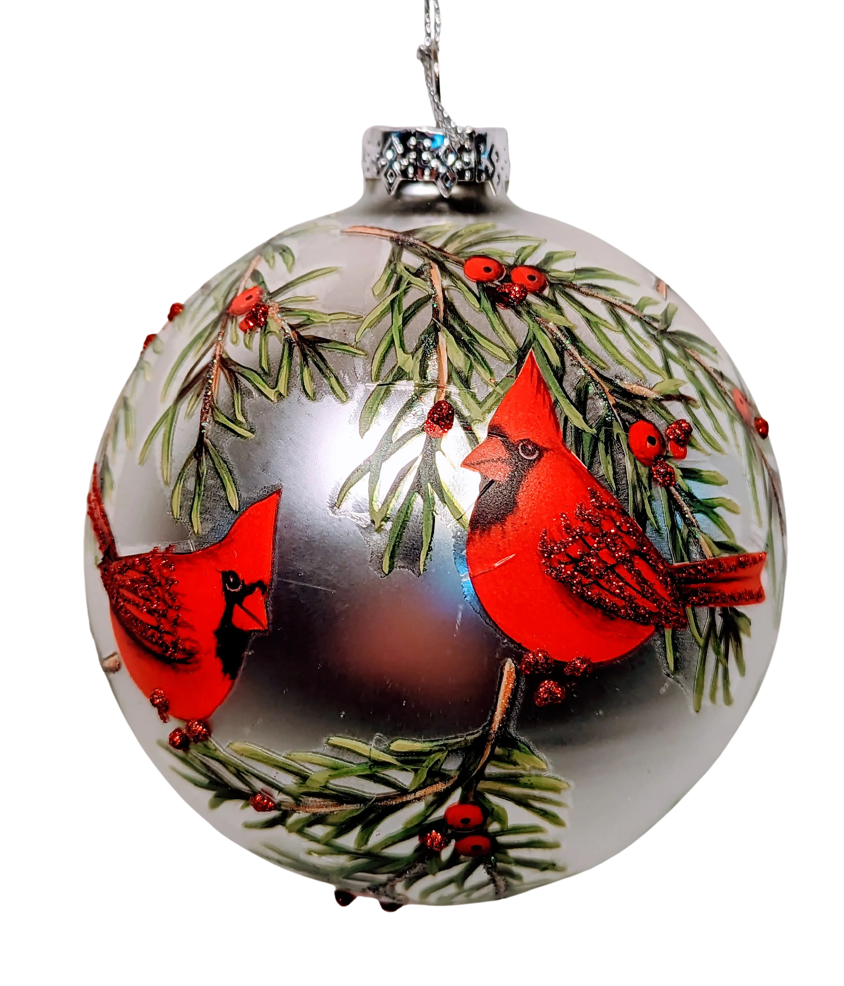 Glass Winter Bird Ornament wit 2 Red Cardinals or 2 Chickadees