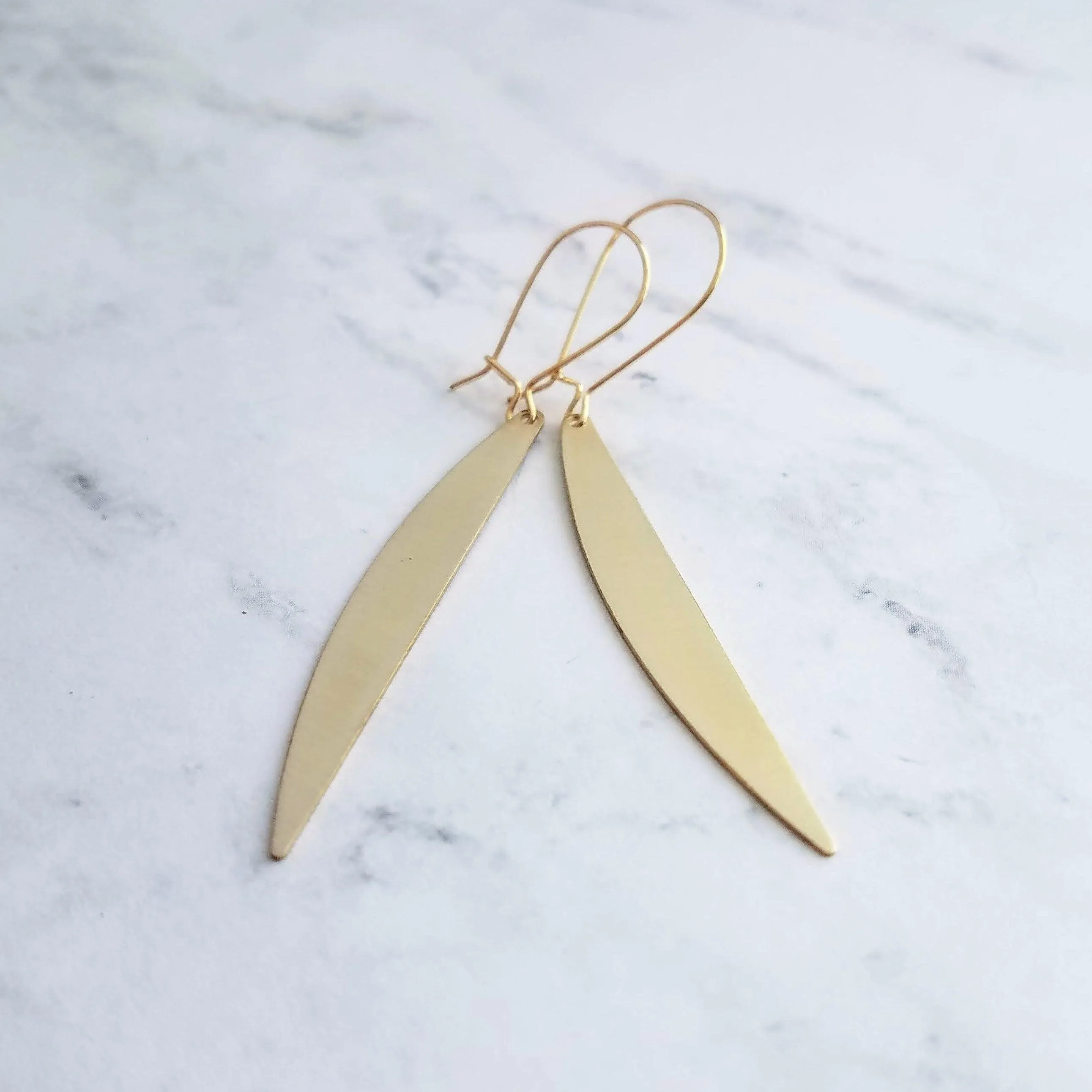 Gold Sliver Earrings - long thin modern crescent moon sliver on kidney latch ear wire hook, 2.4 inch narrow line earring, flat curved bar