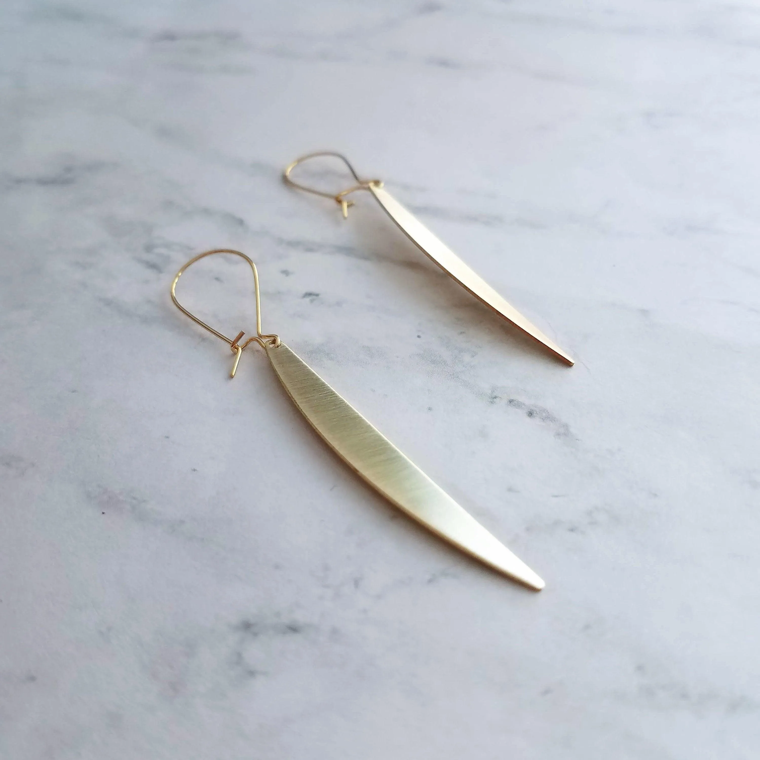 Gold Sliver Earrings - long thin modern crescent moon sliver on kidney latch ear wire hook, 2.4 inch narrow line earring, flat curved bar