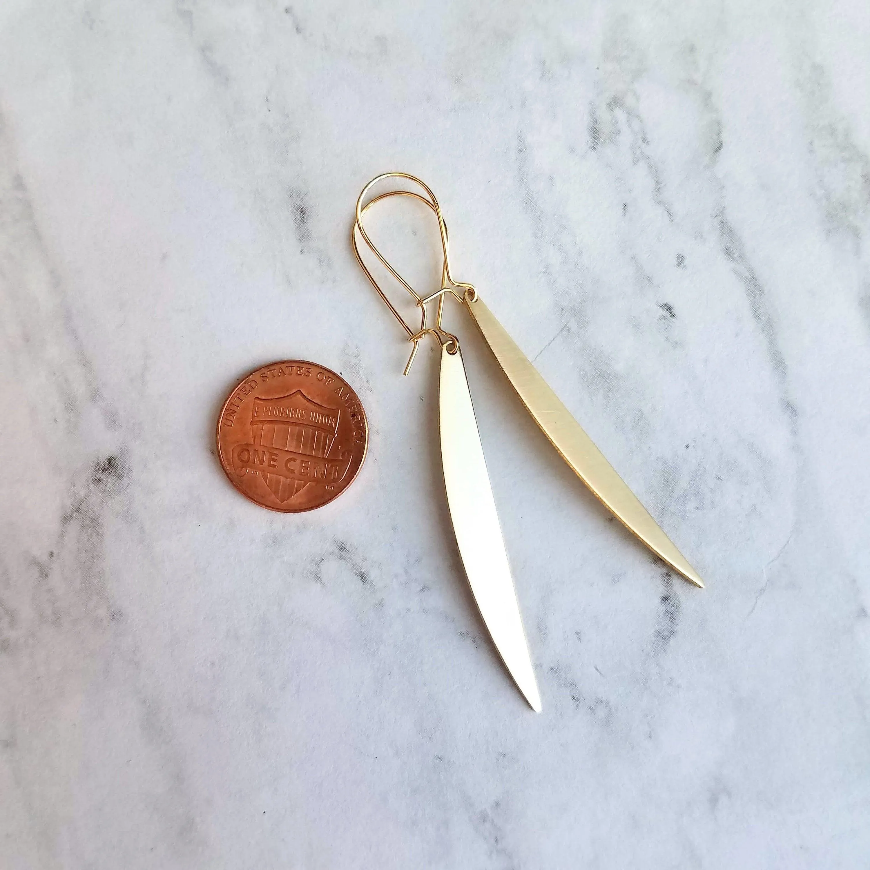 Gold Sliver Earrings - long thin modern crescent moon sliver on kidney latch ear wire hook, 2.4 inch narrow line earring, flat curved bar