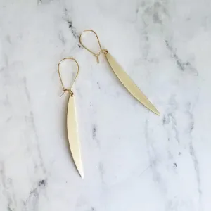 Gold Sliver Earrings - long thin modern crescent moon sliver on kidney latch ear wire hook, 2.4 inch narrow line earring, flat curved bar