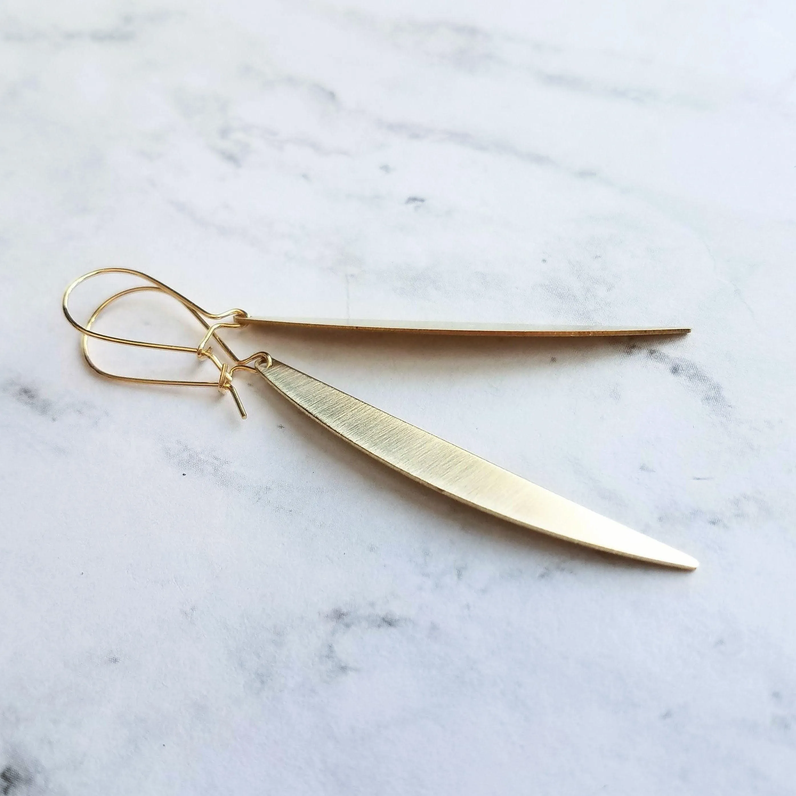 Gold Sliver Earrings - long thin modern crescent moon sliver on kidney latch ear wire hook, 2.4 inch narrow line earring, flat curved bar