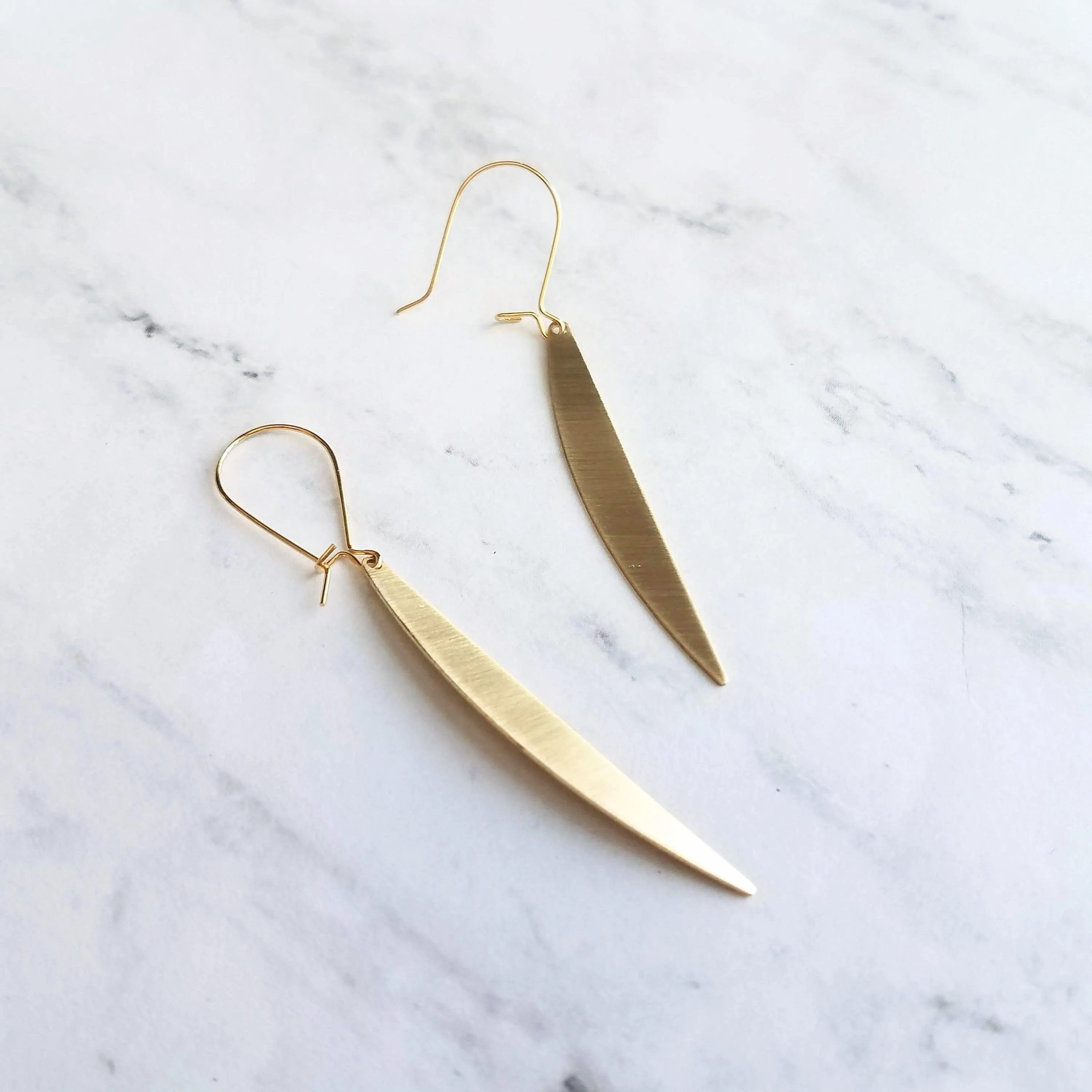 Gold Sliver Earrings - long thin modern crescent moon sliver on kidney latch ear wire hook, 2.4 inch narrow line earring, flat curved bar