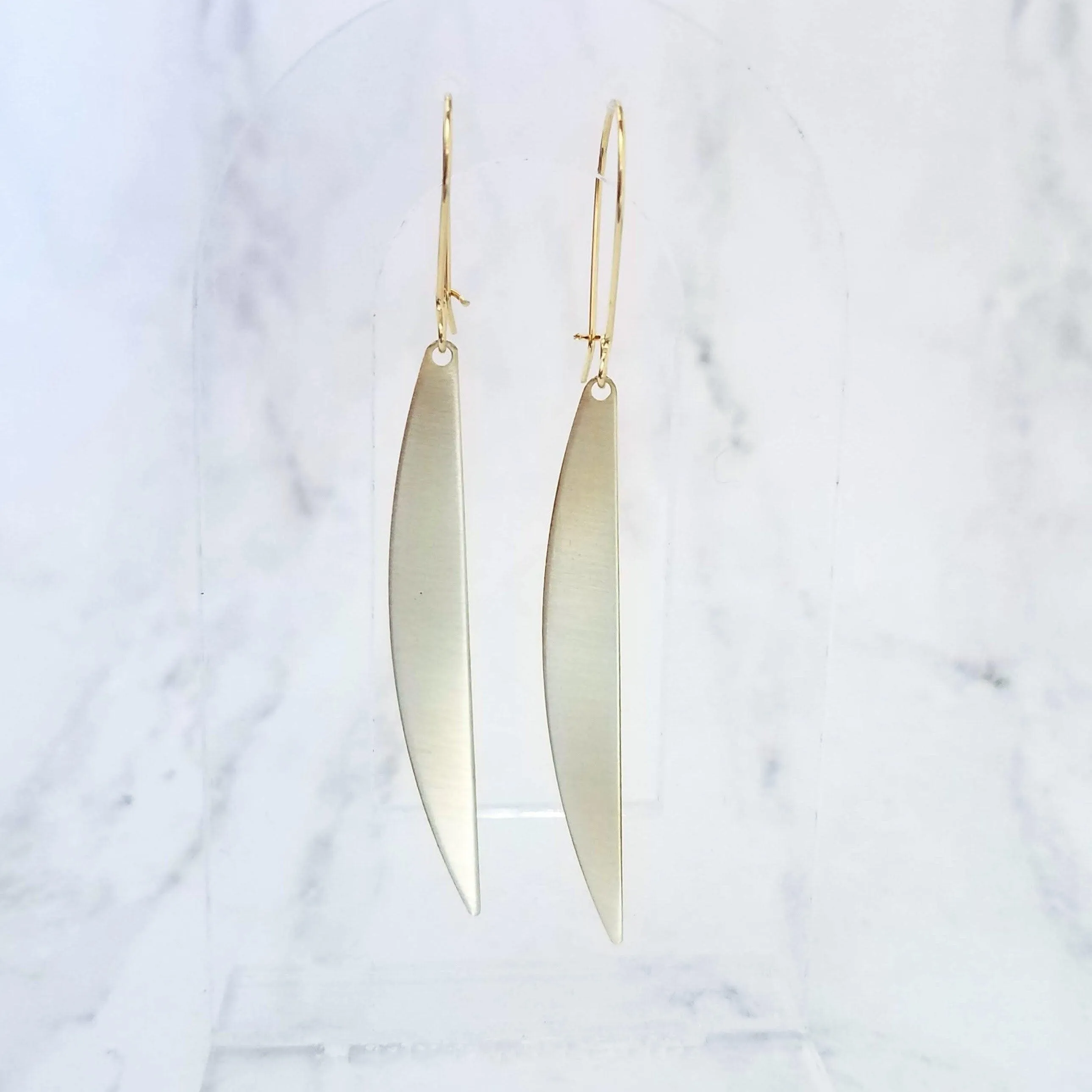 Gold Sliver Earrings - long thin modern crescent moon sliver on kidney latch ear wire hook, 2.4 inch narrow line earring, flat curved bar