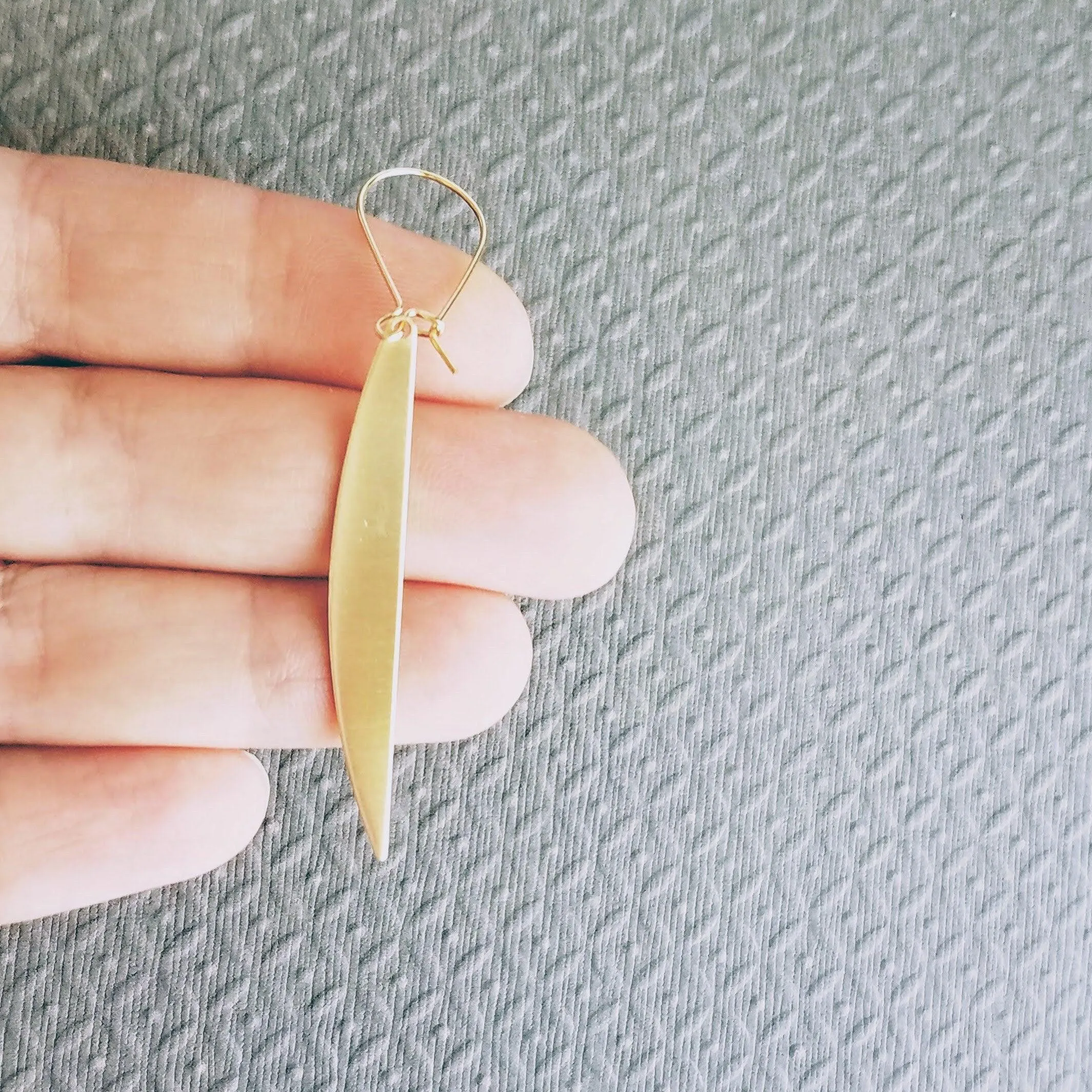 Gold Sliver Earrings - long thin modern crescent moon sliver on kidney latch ear wire hook, 2.4 inch narrow line earring, flat curved bar