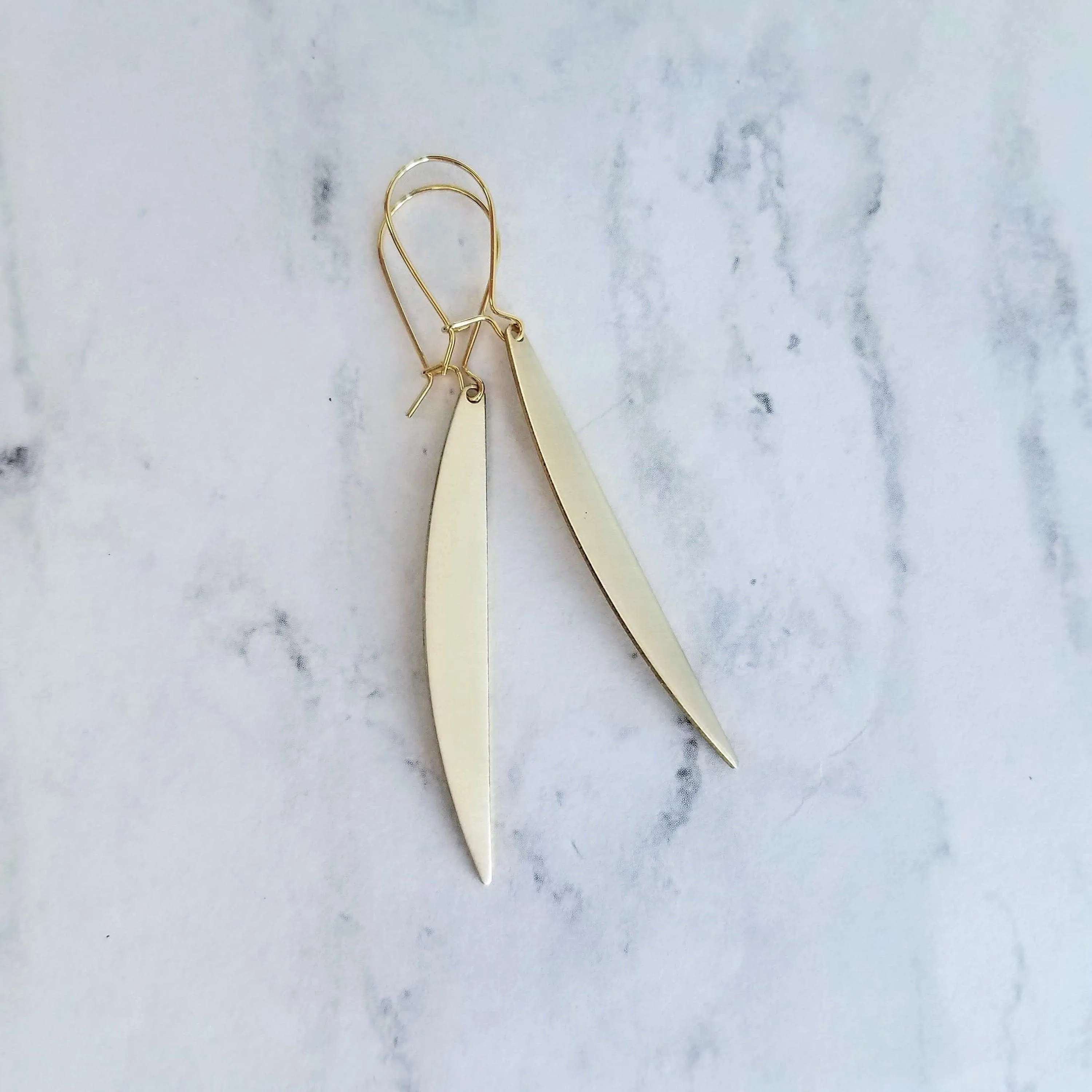 Gold Sliver Earrings - long thin modern crescent moon sliver on kidney latch ear wire hook, 2.4 inch narrow line earring, flat curved bar