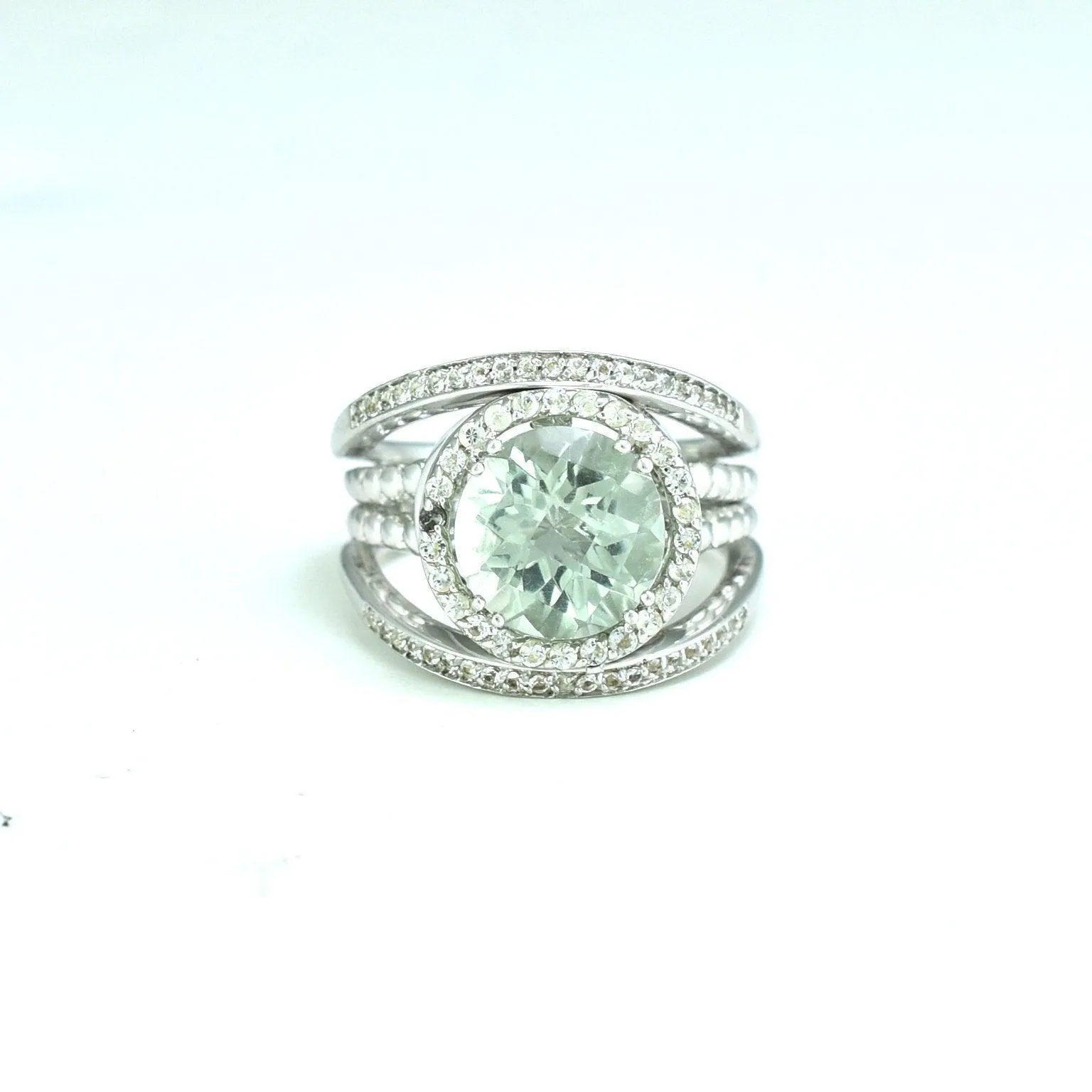 Green Amethyst and Created White Sapphire Silver Ring