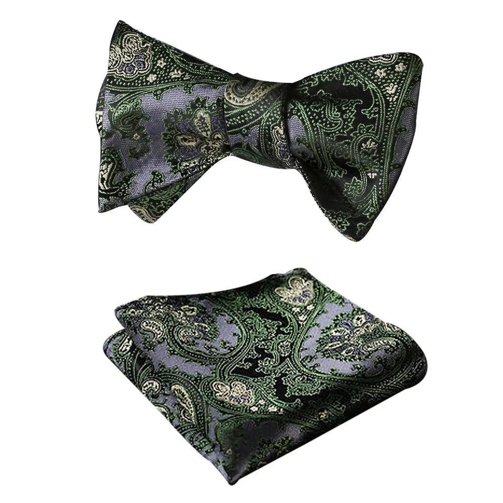 Green & Gray Textured Mens Silk Self tie Bow Tie with Pocket Squares Set