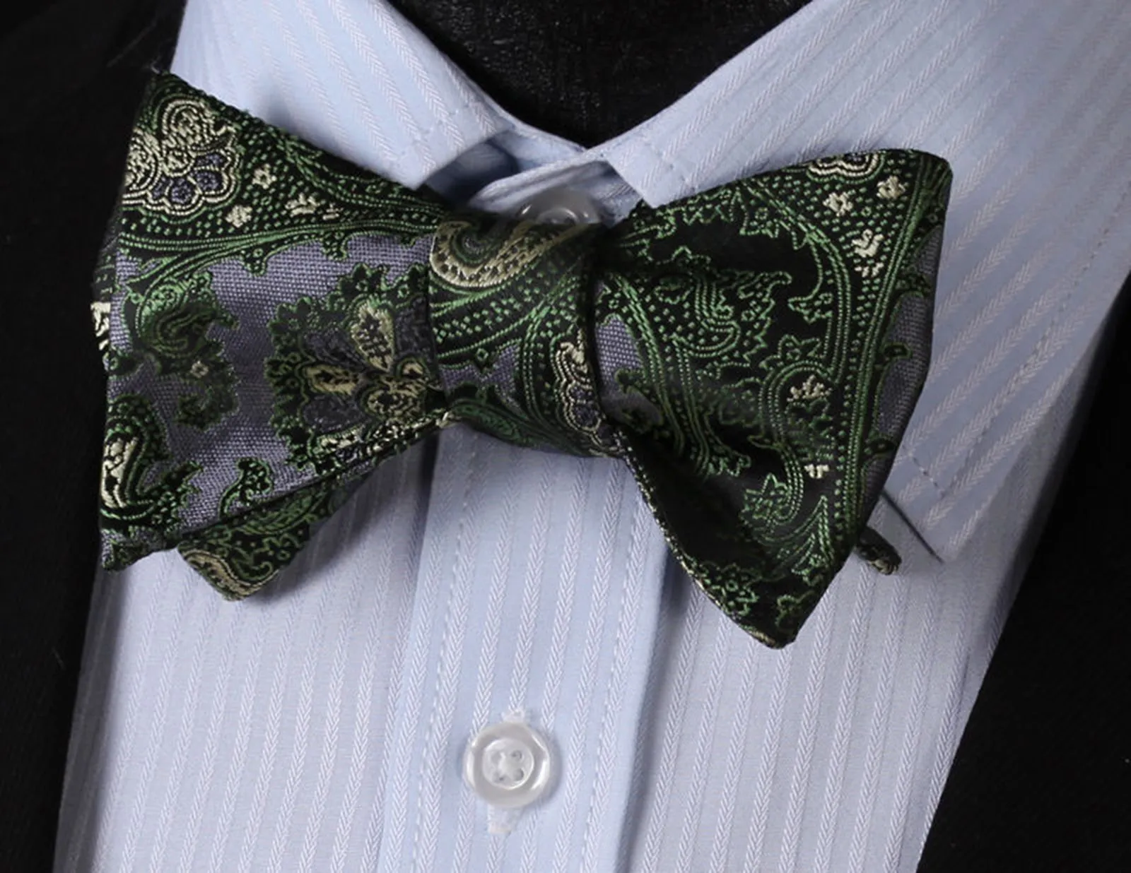 Green & Gray Textured Mens Silk Self tie Bow Tie with Pocket Squares Set