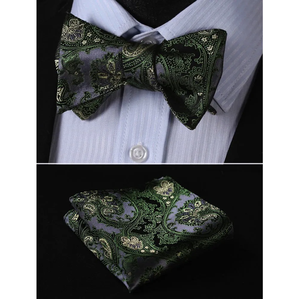 Green & Gray Textured Mens Silk Self tie Bow Tie with Pocket Squares Set
