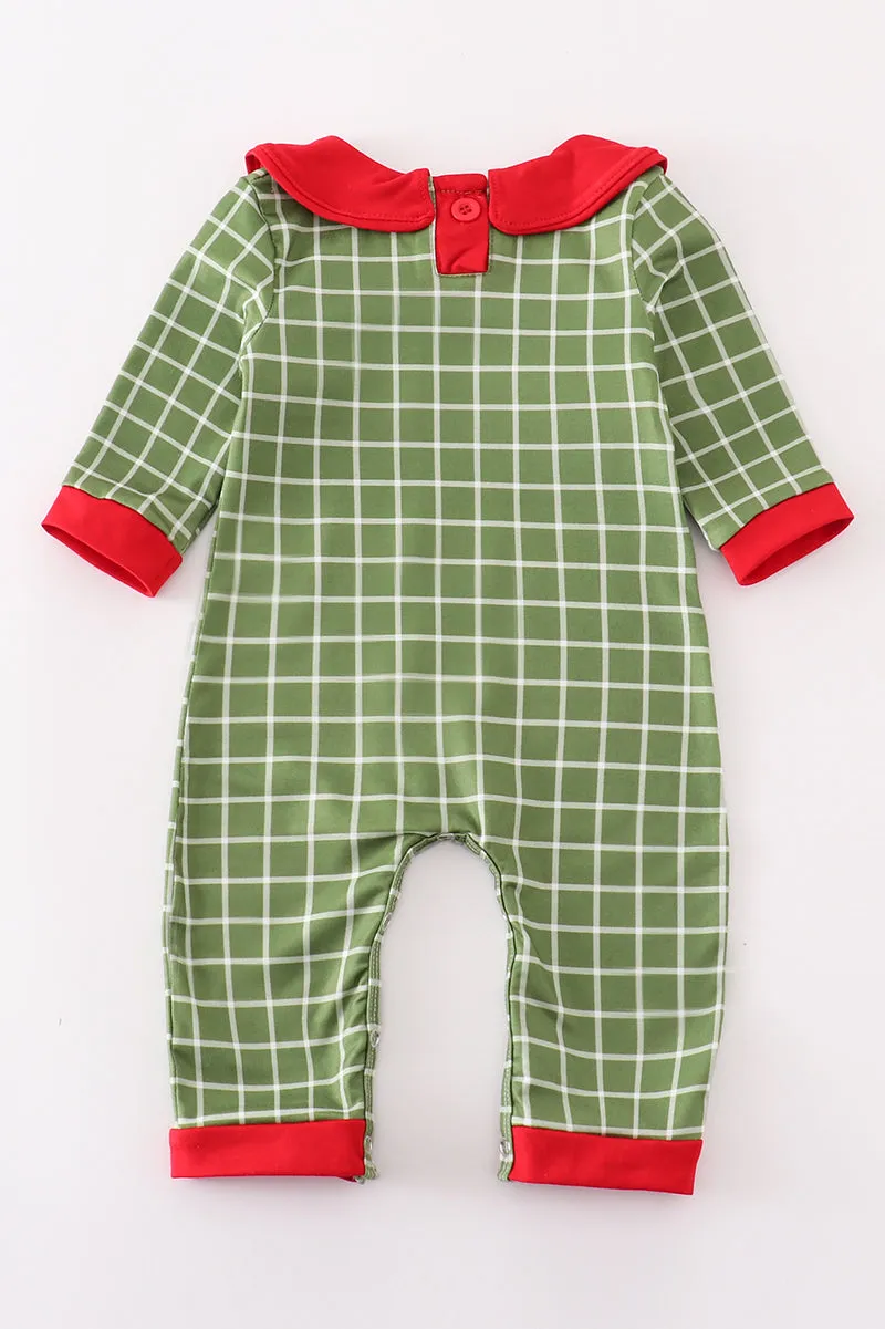 Green Christmas Holly Embroidery Boy Romper