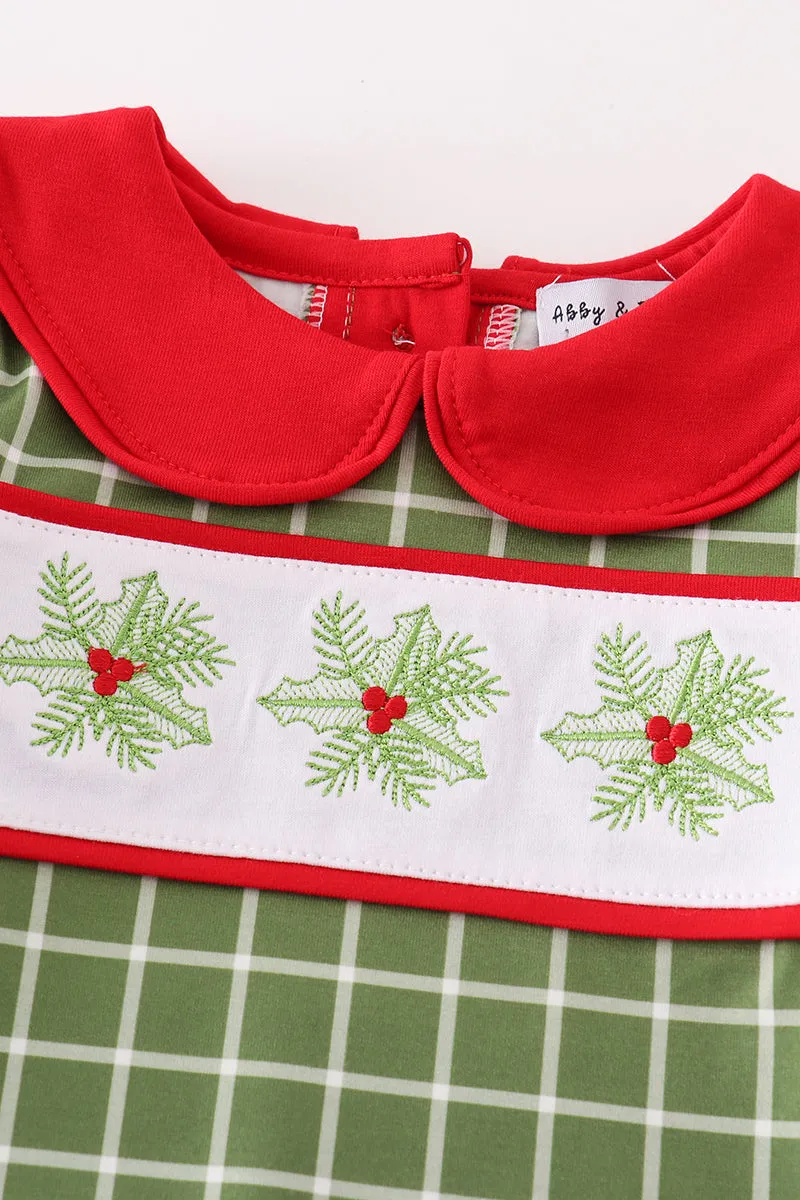 Green Christmas Holly Embroidery Boy Romper