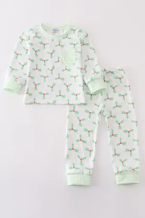 Green Christmas Holly Print Boy Set