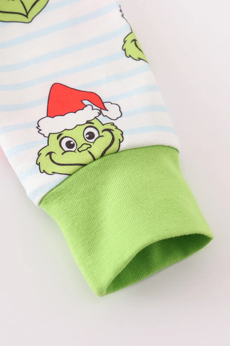 Green Stripe Christmas Grinch Zipper Boy Romper