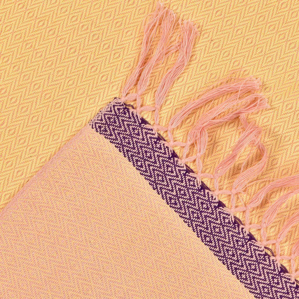 Hand Woven Soft & Neutral Shawl | Rose Pink and Butter with Violet Border