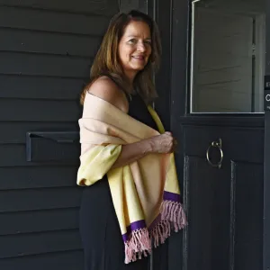 Hand Woven Soft & Neutral Shawl | Rose Pink and Butter with Violet Border