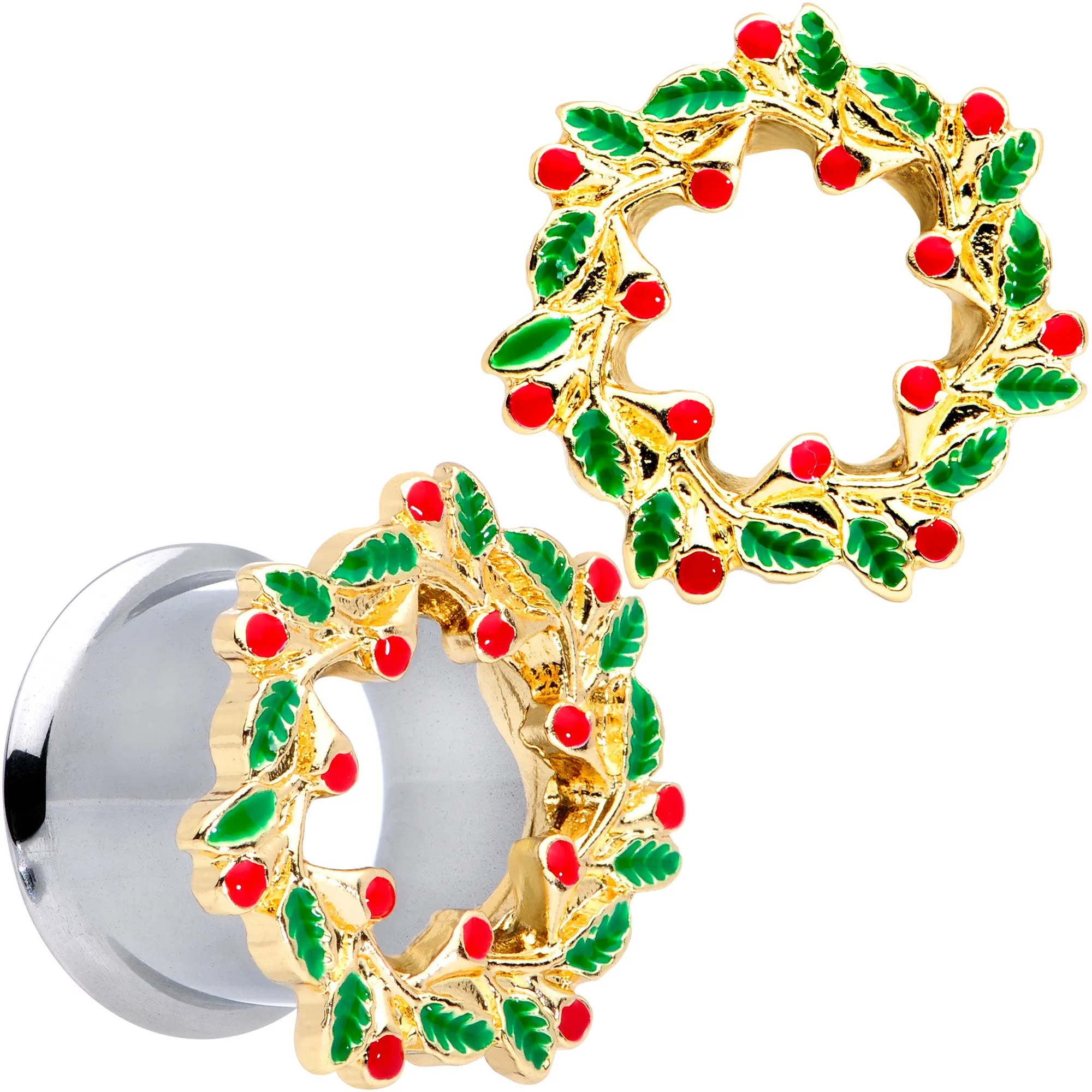 Happy Holiday Wreath Christmas Double Flare Plug Set 4 Gauge to 1 Inch