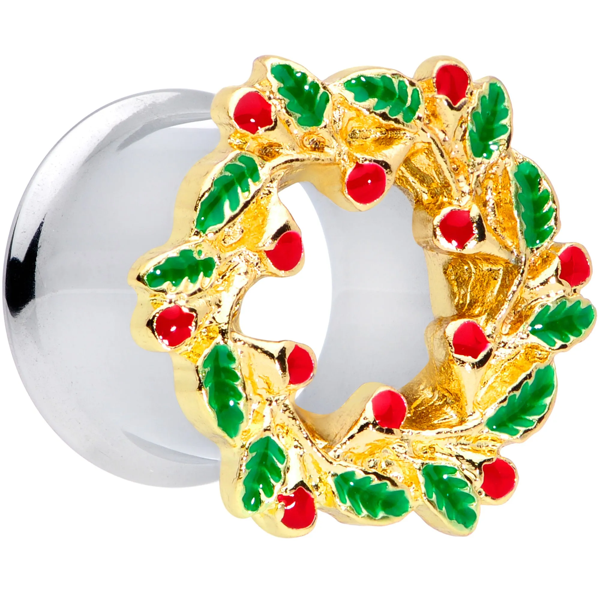 Happy Holiday Wreath Christmas Double Flare Plug Set 4 Gauge to 1 Inch
