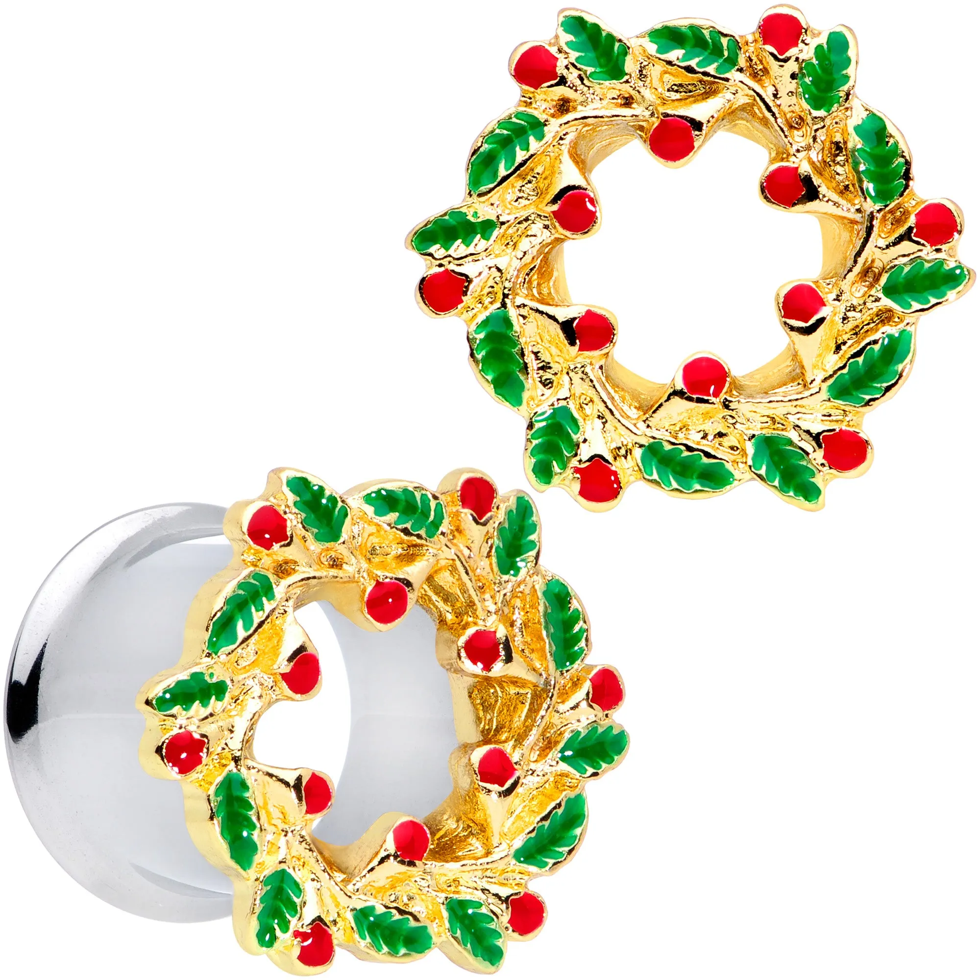 Happy Holiday Wreath Christmas Double Flare Plug Set 4 Gauge to 1 Inch