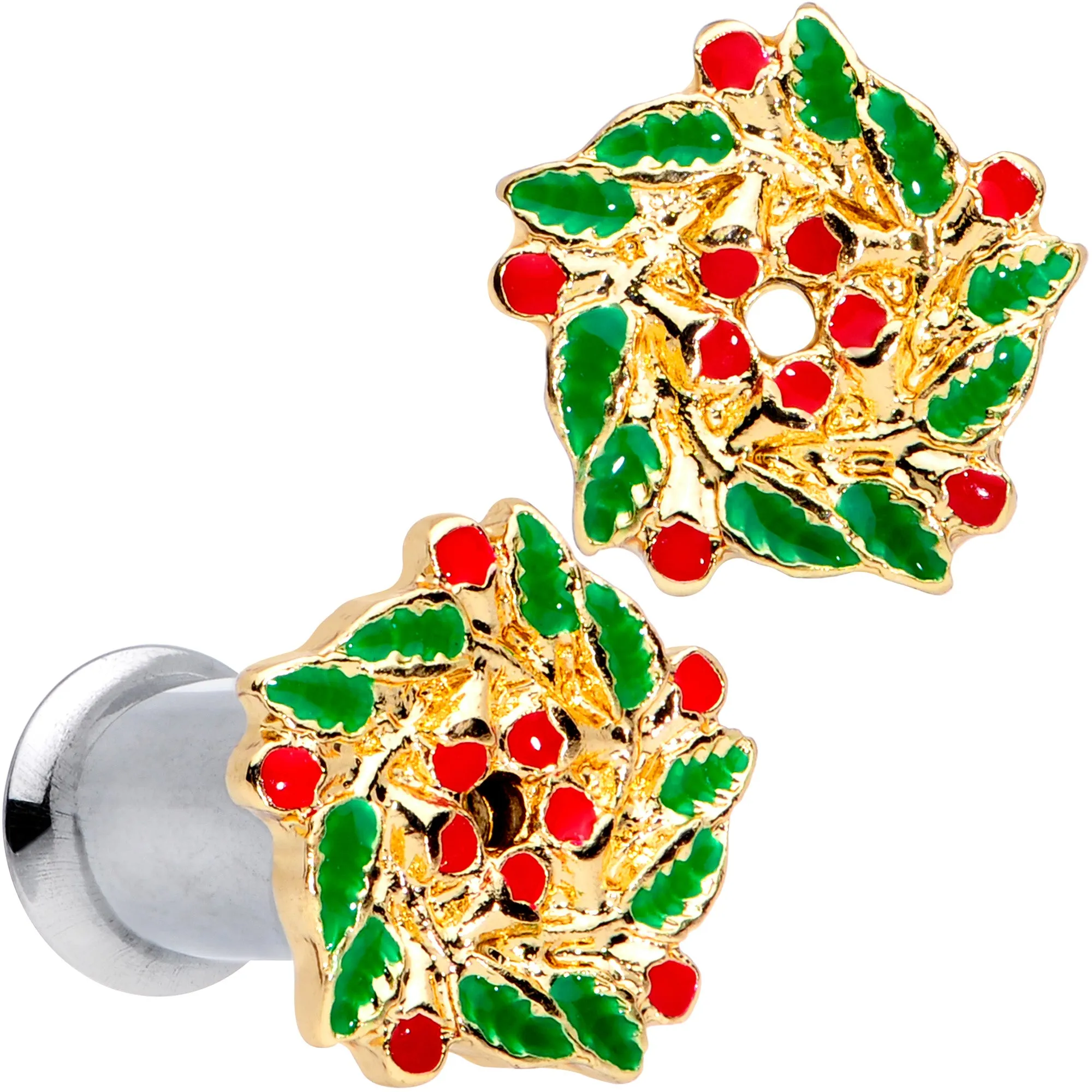 Happy Holiday Wreath Christmas Double Flare Plug Set 4 Gauge to 1 Inch